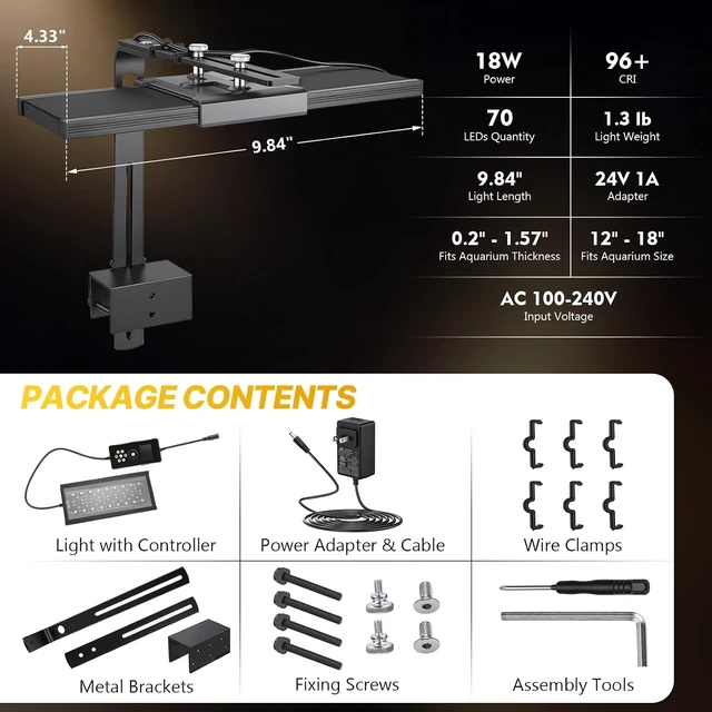 Alt view image 7 of 7 - 18W Clip-On Aquarium Light for Plants with 6-Row LED Brightness