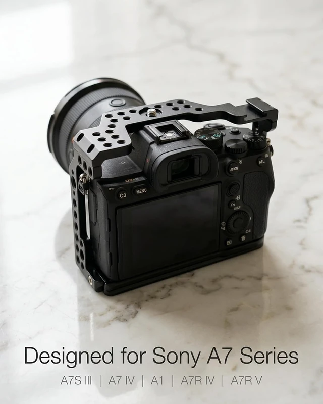 Alt view image 3 of 7 - CNC Aluminum Full Camera Cage for A7S III/A7 IV/A1/A7R IV/A7R V with 1/4"-20 & 3/8"-16 Threads, ARRI Locating Holes, Cold Shoe & HC-01 Top Handle