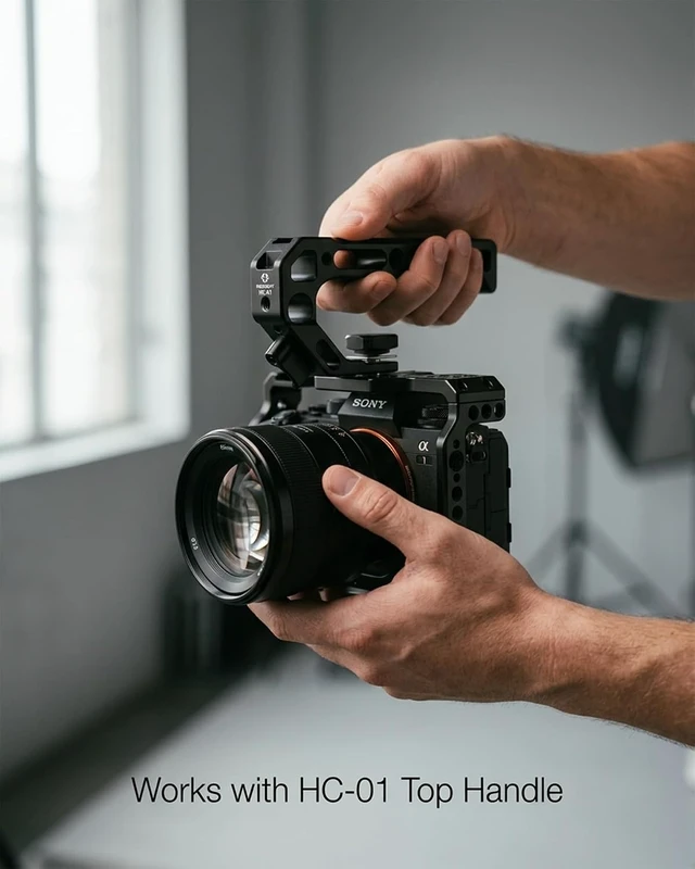 Alt view image 5 of 7 - CNC Aluminum Full Camera Cage for A7S III/A7 IV/A1/A7R IV/A7R V with 1/4"-20 & 3/8"-16 Threads, ARRI Locating Holes, Cold Shoe & HC-01 Top Handle