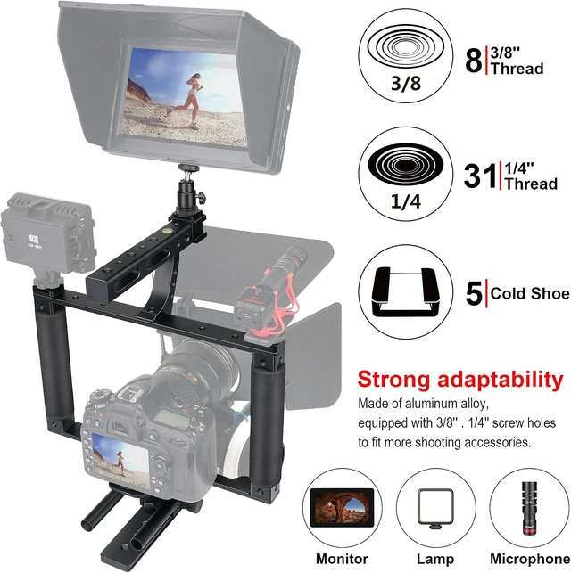 Alt view image 3 of 7 - Universal Aluminum Alloy DSLR/Mirrorless Camera Stabilizer Extension Cage Mount for Mic, Monitor & Light Movie Making Rig for YouTube/TikTok Vlogging with Phone Holder for Canon