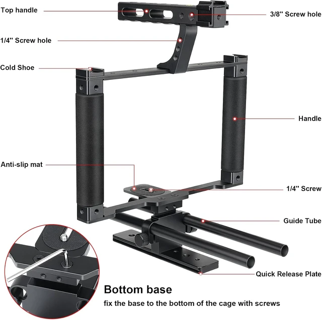 Alt view image 4 of 7 - Universal Aluminum Alloy DSLR/Mirrorless Camera Stabilizer Extension Cage Mount for Mic, Monitor & Light Movie Making Rig for YouTube/TikTok Vlogging with Phone Holder for Canon