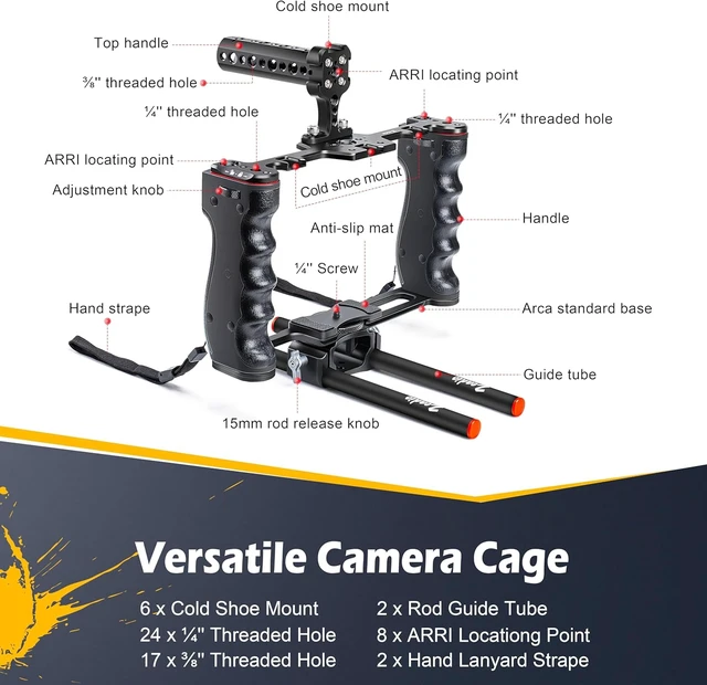 Alt view image 6 of 6 - Aluminum Camera Video Rig Cage Filmmaking Kit with Top Handle, Arca-Type Base & Two 15mm Rod Guides, Compatible with All DSLR Cameras & Camcorders