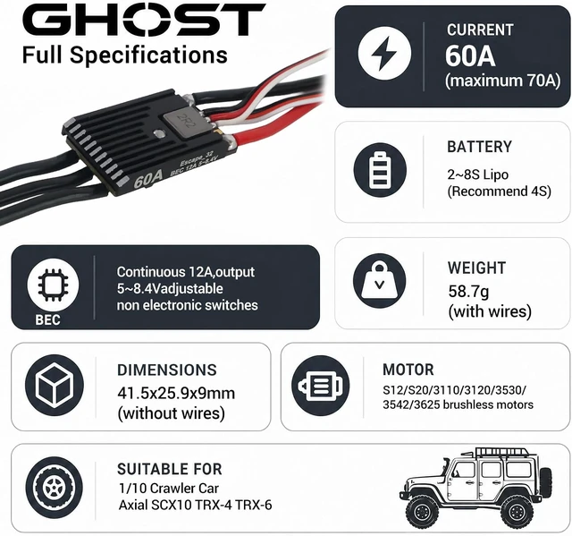 Alt view image 2 of 7 - Ghost 60A Brushless ESC with ESCape32 Firmware & WiFi-Link No-App Wireless Tuning Speed Controller, 12A Adjustable BEC (5-8.4V), Smooth Throttle for 1/10 Axial SCX10 TRX-4 Rock Crawler, 2-8S