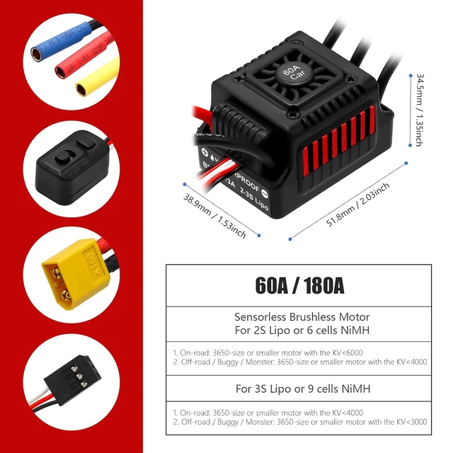 Alt view image 6 of 7 - Waterproof S3650 4300KV Brushless Motor 3.175mm Shaft + 60A ESC Combo Set with Heatsink & Programming Card for 1/10 RC Car Truck (Red)