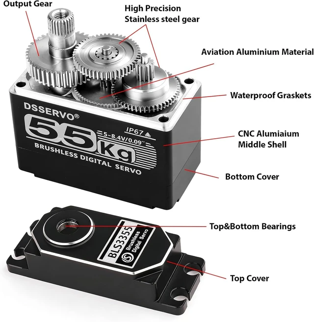 Alt view image 2 of 7 - 55KG Brushless Full Metal Gear High-Torque Fast Digital Servo for 1/8 1/10 1/12 RC Car (180 Degree)