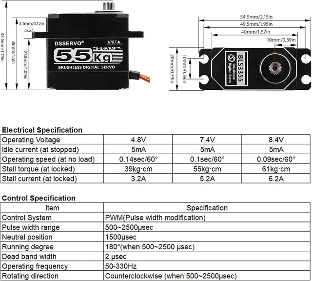 Alt view image 3 of 7 - 55KG Brushless Full Metal Gear High-Torque Fast Digital Servo for 1/8 1/10 1/12 RC Car (180 Degree)
