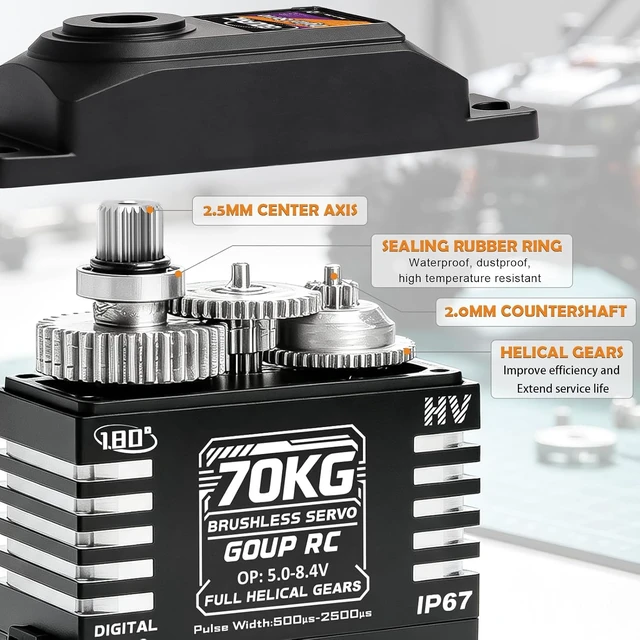 Alt view image 3 of 7 - 70KG Brushless IP67 Waterproof Digital Servo for 1/8 1/10 1/12 RC Buggy/Truck High-Torque HV 5.08.4V 180° Full Helical Gear with 25T Metal Horn