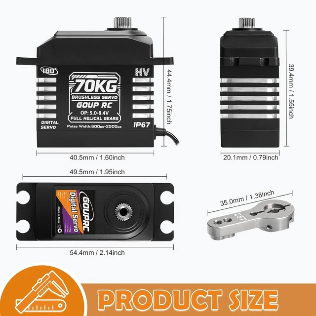 Alt view image 7 of 7 - 70KG Brushless IP67 Waterproof Digital Servo for 1/8 1/10 1/12 RC Buggy/Truck High-Torque HV 5.08.4V 180° Full Helical Gear with 25T Metal Horn