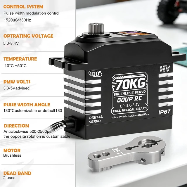 Alt view image 4 of 7 - 70KG Brushless IP67 Waterproof Digital Servo for 1/8 1/10 1/12 RC Buggy/Truck High-Torque HV 5.08.4V 180° Full Helical Gear with 25T Metal Horn