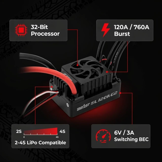 Alt view image 2 of 7 - Beast SL G2 120A 2-4S Sensorless Brushless ESC for 1/10 RC Cars & SCT