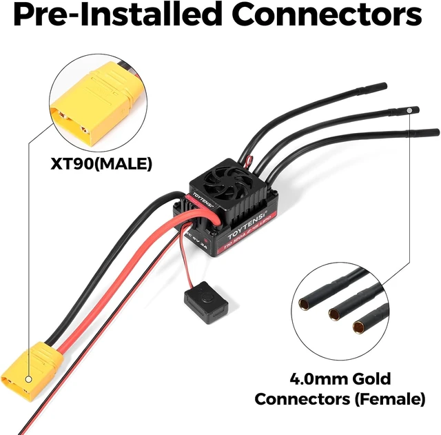 Alt view image 2 of 6 - 120A Waterproof 2-4S LiPo Sensorless Brushless ESC Speed Controller for 1/10 RC Car, Truck, Buggy & Truggy Pre-soldered XT90 & 4.0mm Bullet Connectors, 32-bit MCU, T10 Series