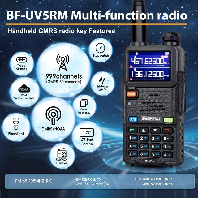 Alt view image 2 of 7 - 8W GMRS Handheld Two-Way Radios Repeater-Capable Long-Range Walkie Talkies with NOAA/FM/UHF/1.25M/VHF Receiver, 999CH, Frequency Match & 2500mAh Type-C Battery, 2-Pack