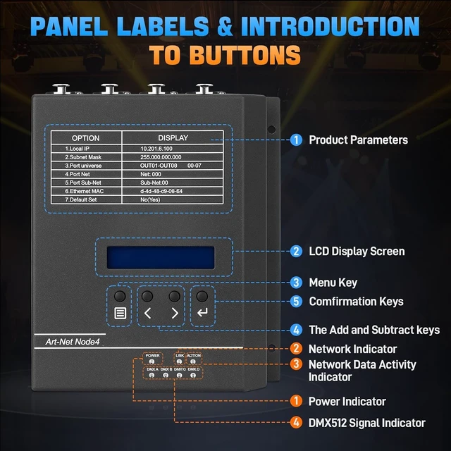 Alt view image 3 of 7 - 4-Port ArtNet to DMX Converter with PoE 4-Universe Bidirectional Art-Net to DMX512 Node, 4-Channel Network Interface for Lighting Controllers, Rack & Truss Mountable