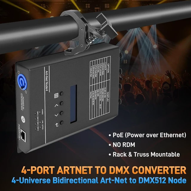 Alt view image 2 of 7 - 4-Port ArtNet to DMX Converter with PoE 4-Universe Bidirectional Art-Net to DMX512 Node, 4-Channel Network Interface for Lighting Controllers, Rack & Truss Mountable