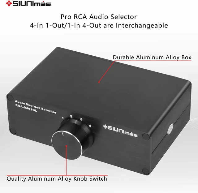 Alt view image 2 of 7 - 4-in-1-Out Pro RCA Passive Audio Switching Box 4-Channel Audio Converter/Selector, 1-in-4-Out (R0401-RCA)