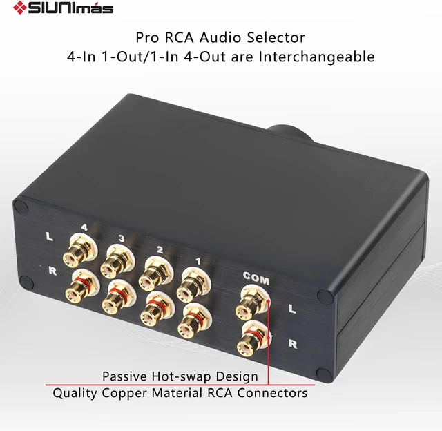 Alt view image 3 of 7 - 4-in-1-Out Pro RCA Passive Audio Switching Box 4-Channel Audio Converter/Selector, 1-in-4-Out (R0401-RCA)
