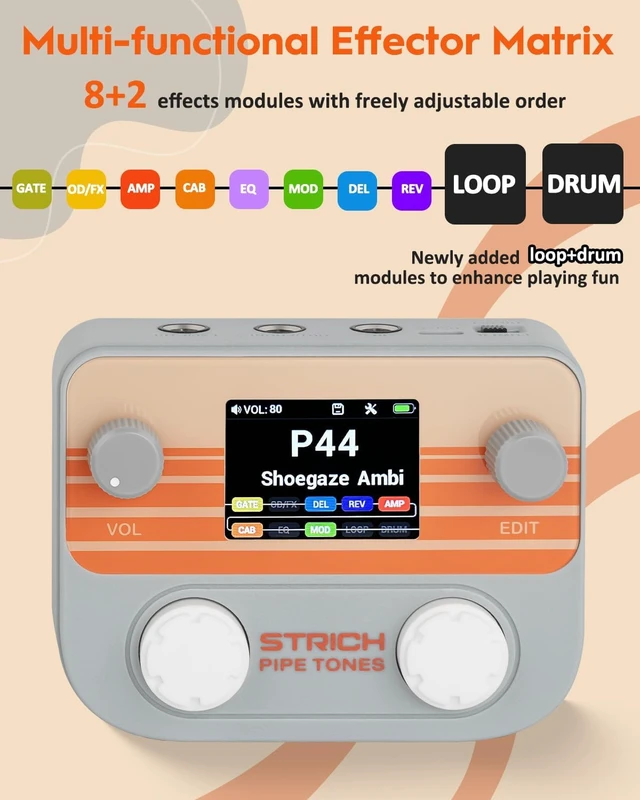 Alt view image 2 of 7 - Pipe Tones Pocket Multi-Effects Processor for Guitar & Bass Foot Pedal, 10 Modules, 125 Effects, 40s Looper, 100 Drum Patterns, USB Audio & Wireless Control (Gray)