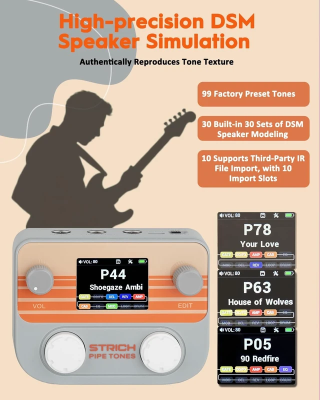 Alt view image 4 of 7 - Pipe Tones Pocket Multi-Effects Processor for Guitar & Bass Foot Pedal, 10 Modules, 125 Effects, 40s Looper, 100 Drum Patterns, USB Audio & Wireless Control (Gray)