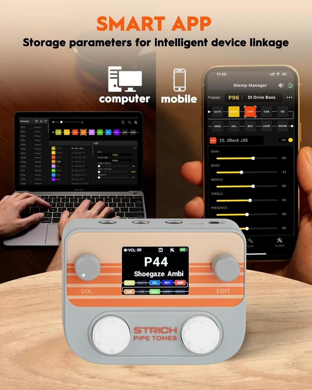 Alt view image 6 of 7 - Pipe Tones Pocket Multi-Effects Processor for Guitar & Bass Foot Pedal, 10 Modules, 125 Effects, 40s Looper, 100 Drum Patterns, USB Audio & Wireless Control (Gray)