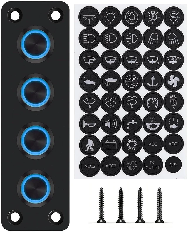 Main image of 4-Gang Pre-Wired DC 12V Switch Panel with Blue LED Buttons IP65 Waterproof Frosted Black Aluminum, Ideal for Marine, Car, RV & Truck