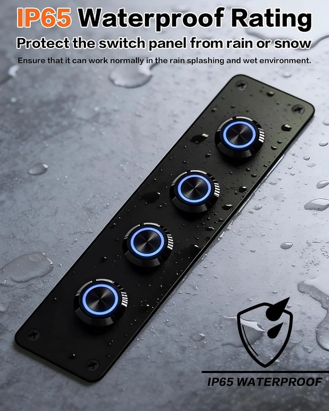Alt view image 6 of 7 - 4-Gang Pre-Wired DC 12V Switch Panel with Blue LED Buttons IP65 Waterproof Frosted Black Aluminum, Ideal for Marine, Car, RV & Truck