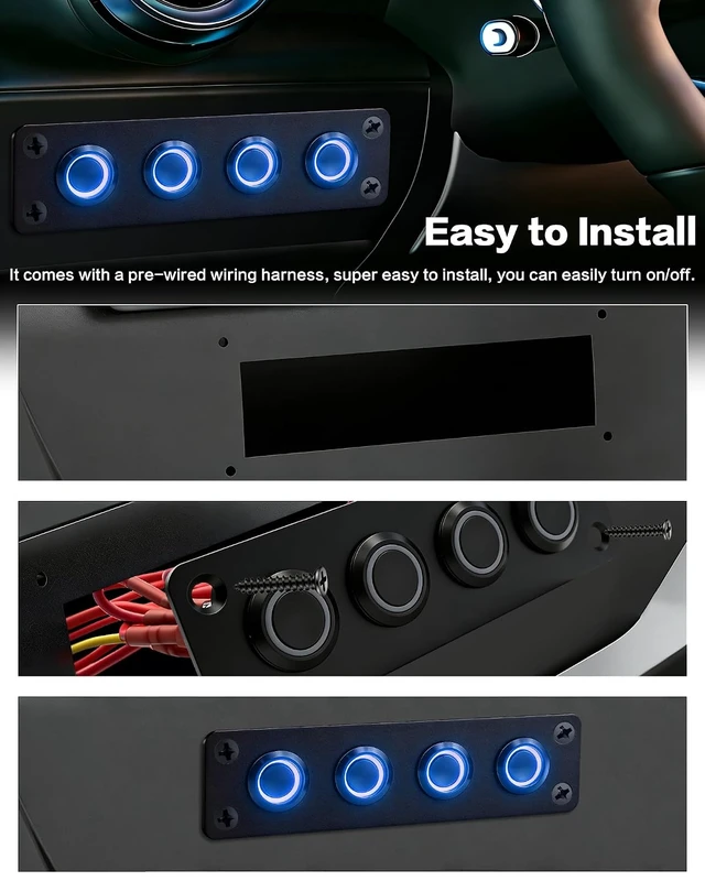 Alt view image 3 of 7 - 4-Gang Pre-Wired DC 12V Switch Panel with Blue LED Buttons IP65 Waterproof Frosted Black Aluminum, Ideal for Marine, Car, RV & Truck