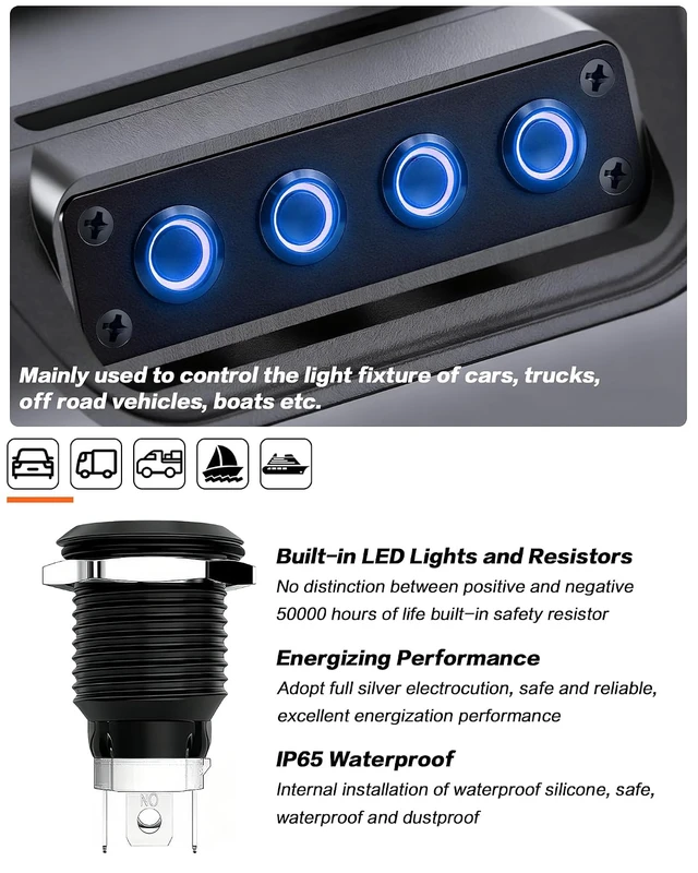 Alt view image 5 of 7 - 4-Gang Pre-Wired DC 12V Switch Panel with Blue LED Buttons IP65 Waterproof Frosted Black Aluminum, Ideal for Marine, Car, RV & Truck