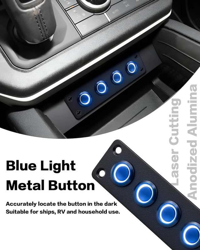 Alt view image 7 of 7 - 4-Gang Pre-Wired DC 12V Switch Panel with Blue LED Buttons IP65 Waterproof Frosted Black Aluminum, Ideal for Marine, Car, RV & Truck