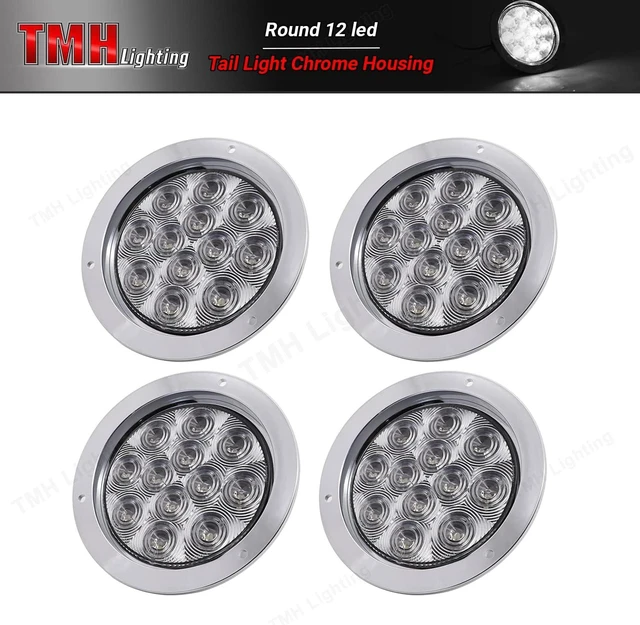 Alt view image 2 of 6 - 4 Pcs 4-Inch 12-LED F3 Piranha Round White Tail/Reverse Indicator Lights with Chrome Bezel, 12V DC, for Caravan, Bus, Trailer, Tow, Dump, ATV & Heavy-Duty Truck (GAC12)
