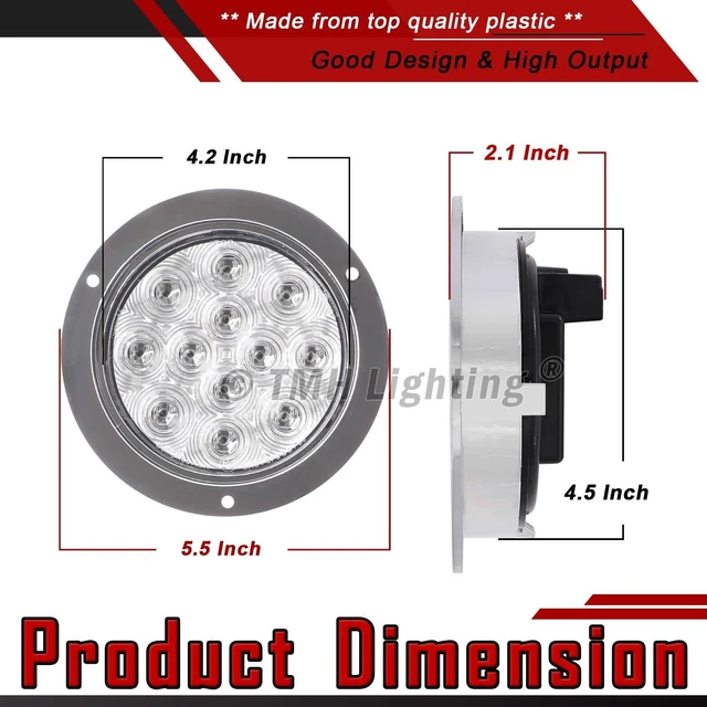 Alt view image 3 of 6 - 4 Pcs 4-Inch 12-LED F3 Piranha Round White Tail/Reverse Indicator Lights with Chrome Bezel, 12V DC, for Caravan, Bus, Trailer, Tow, Dump, ATV & Heavy-Duty Truck (GAC12)