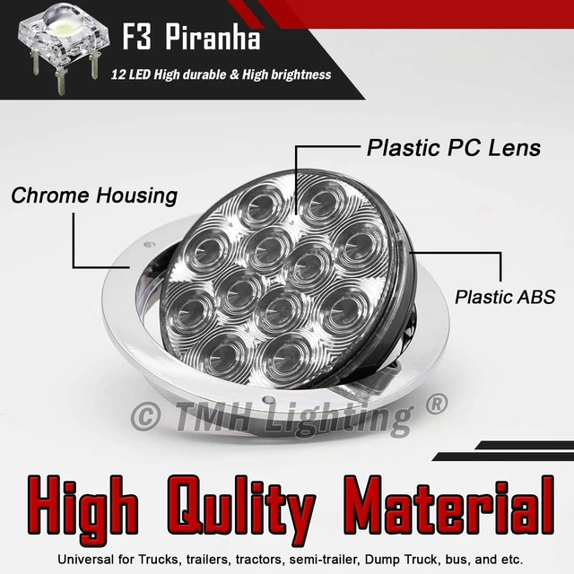 Alt view image 6 of 6 - 4 Pcs 4-Inch 12-LED F3 Piranha Round White Tail/Reverse Indicator Lights with Chrome Bezel, 12V DC, for Caravan, Bus, Trailer, Tow, Dump, ATV & Heavy-Duty Truck (GAC12)
