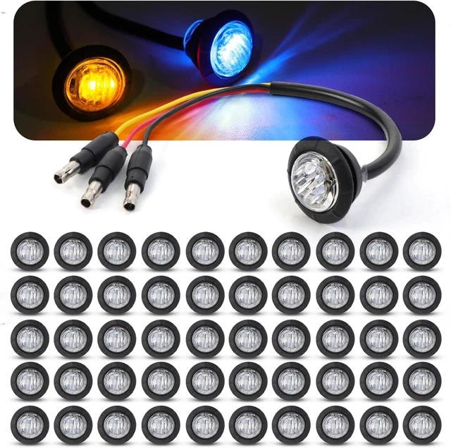 Main image of 50 Pcs 3/4-Inch Mini Round 2-LED Side Marker Clearance Light Amber to Blue Dual Color, 12V DC, 3 Wire, for Truck, Trailer & Boat with Grommet