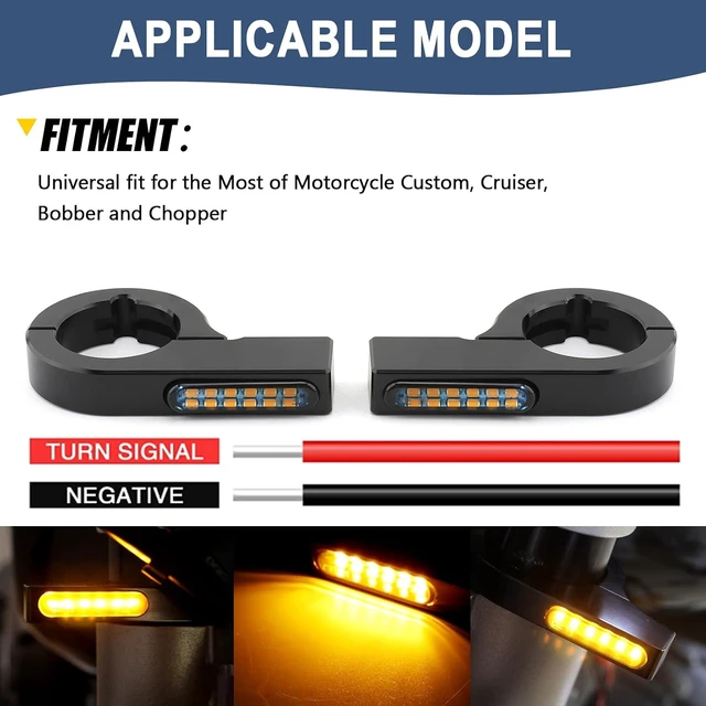 Alt view image 3 of 7 - Motorcycle LED Turn Signals 43-46mm Front Fork Amber Indicator Clamps, 12V, for Harley, Honda, Yamaha, Kawasaki, Suzuki, Indian, Cafe Racer, Chopper, Bobber & Custom