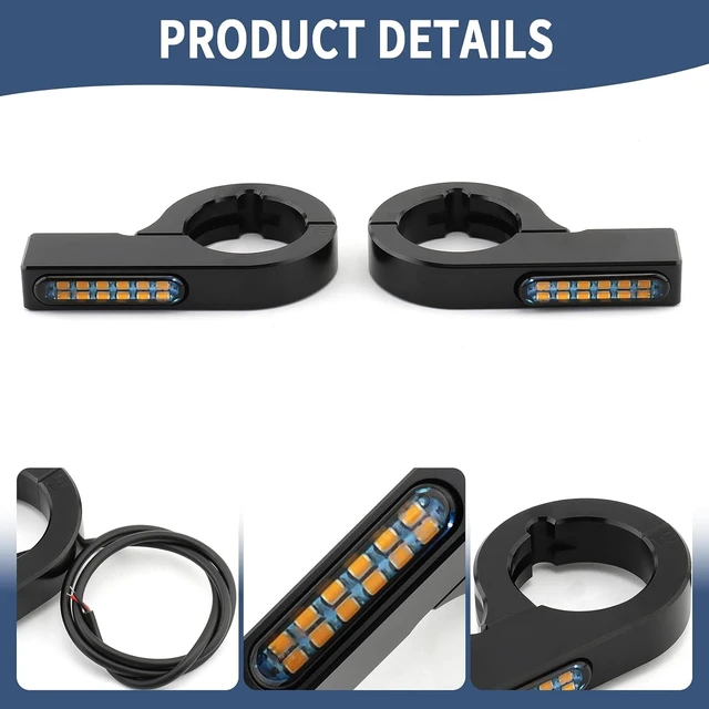Alt view image 7 of 7 - Motorcycle LED Turn Signals 43-46mm Front Fork Amber Indicator Clamps, 12V, for Harley, Honda, Yamaha, Kawasaki, Suzuki, Indian, Cafe Racer, Chopper, Bobber & Custom
