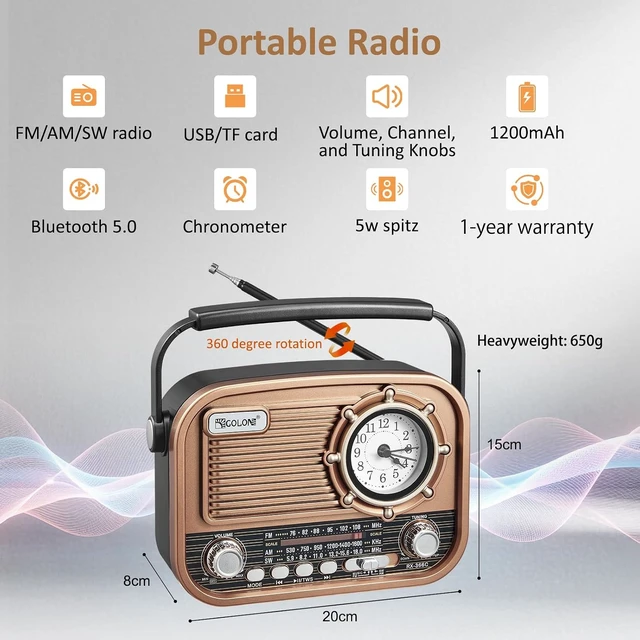 Alt view image 4 of 7 - Portable AM/FM Shortwave Radio with Bluetooth Speaker Rechargeable Analog Transistor Radio for Seniors & Elderly, Easy-to-Use with Carry Handle & USB/TF MP3 Player