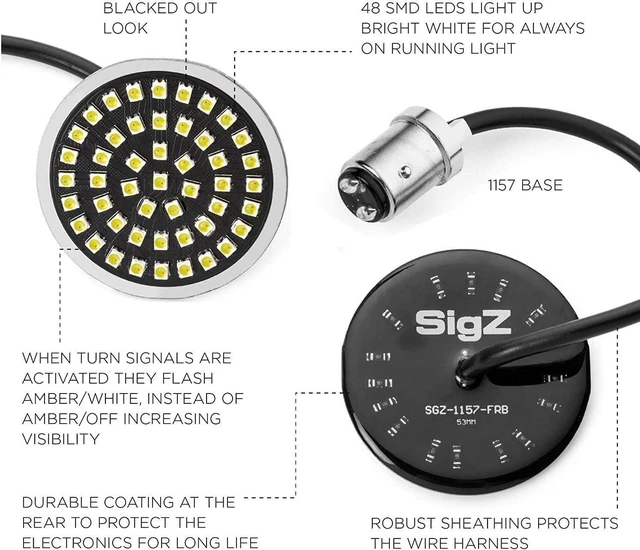 Alt view image 3 of 7 - Sigz Black Label Front LED Turn Signals with White Running Lights (1157) for Harley Davidson Sportster, Street Glide, Road King, Softail, Electra, Heritage & Dyna