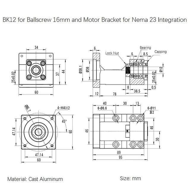 Alt view image 4 of 4 - Motor Mounting Bracket & BK12 Bearing End Support Block for Nema 23 Stepper Motor and 16mm Ball Screw SFU1604 SFU1605 SFU1610 CNC Kit Parts