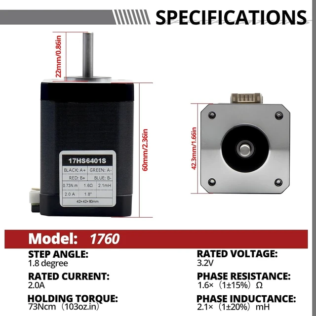 Alt view image 2 of 6 - 1PC Nema 17 Bipolar Stepper Motor, 2A, 60mm Body