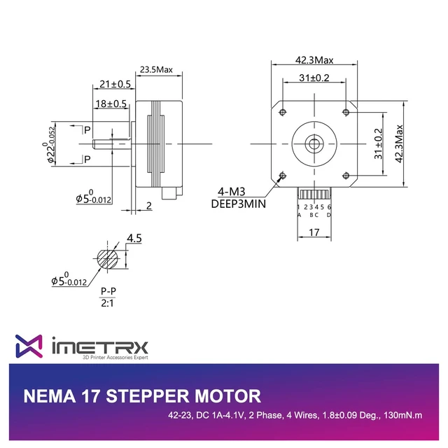Alt view image 2 of 5 - 5PCS Nema 17 17HS4023 Pancake Stepper Motor 42x23mm, 1.5A-3.8V, 2-Phase 4-Wire, 1.8 Degrees with 1-Meter Cable for 3D Printers