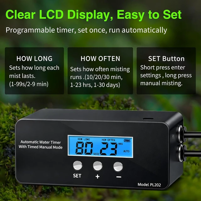 Alt view image 3 of 7 - Reptile Misting System Automatic Timer Sprayer with LCD Controller & Self-Priming Pump, Fine Rainforest Mist for Terrarium, Chameleon, Gecko & Snake