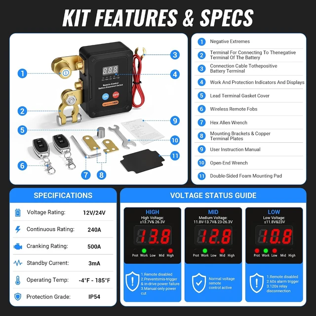 Alt view image 3 of 7 - 12V/24V 240A Remote Battery Disconnect Switch Smart Voltage Car Kill Switch Anti-Theft with Flame-Retardant Casing & Drain Prevention for Auto, RV & Truck