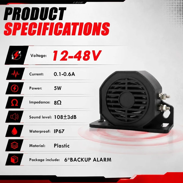 Alt view image 3 of 7 - DC 12V-48V 110dB Backup Alarm IP67 Waterproof Super-Loud Beeper Tone