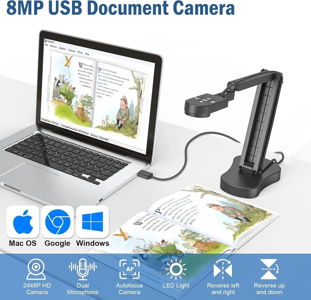 Alt view image 2 of 7 - 8MP USB Document Camera with Auto Focus, LED Light, Image Reversal & Built-in Mic for Mac OS, Windows & Chromebook Distance Learning, Remote Teaching & Web Conferencing