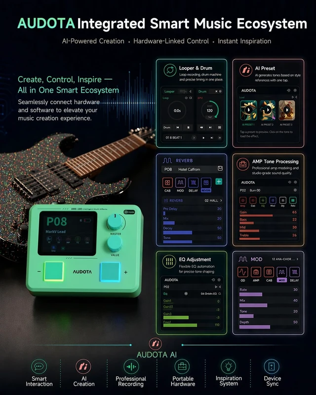 Alt view image 2 of 7 - AME-100 Guitar Multi-Effects Processor with AI Tone Companion 147 Effects, IR & ADT Support, Dynamic Effects Chain, APP & Battery Powered for Practice, Recording & Livestreaming