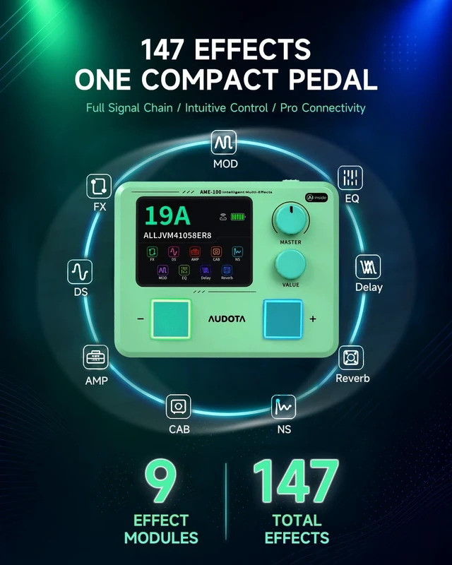 Alt view image 6 of 7 - AME-100 Guitar Multi-Effects Processor with AI Tone Companion 147 Effects, IR & ADT Support, Dynamic Effects Chain, APP & Battery Powered for Practice, Recording & Livestreaming