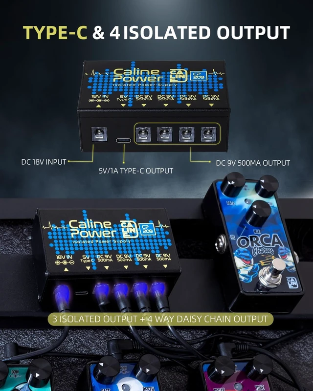 Alt view image 3 of 7 - 9V 500ma Mini True Isolated Guitar Pedal Power Supply with Type-C Outlet & 4-Way Daisy Chain