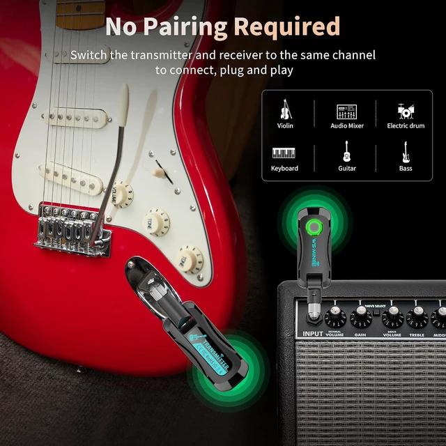 Alt view image 5 of 7 - Wireless Guitar System for Electric Guitar & Bass Rechargeable 2.4G Transmitter/Receiver, Plug & Play Low-Latency Audio, 4 Channels for Stage, Practice, Studio, Keyboard & E-Drum