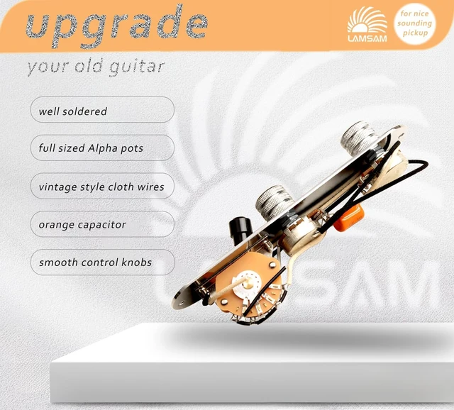 Alt view image 2 of 7 - Fully Loaded Prewired Guitar Control Plate 3-Way Blade Switch, Large Potentiometers & Orange Capacitor, Volume/Tone Controls for Single-Coil Guitars (Stripe)