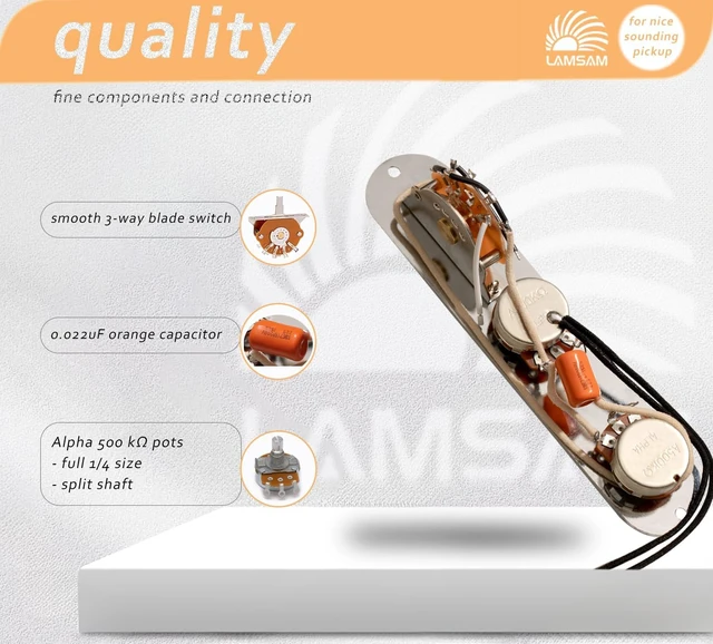 Alt view image 3 of 7 - Fully Loaded Prewired Guitar Control Plate 3-Way Blade Switch, Large Potentiometers & Orange Capacitor, Volume/Tone Controls for Single-Coil Guitars (Stripe)