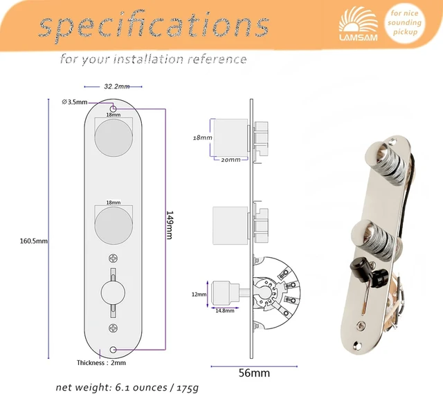 Alt view image 6 of 7 - Fully Loaded Prewired Guitar Control Plate 3-Way Blade Switch, Large Potentiometers & Orange Capacitor, Volume/Tone Controls for Single-Coil Guitars (Stripe)